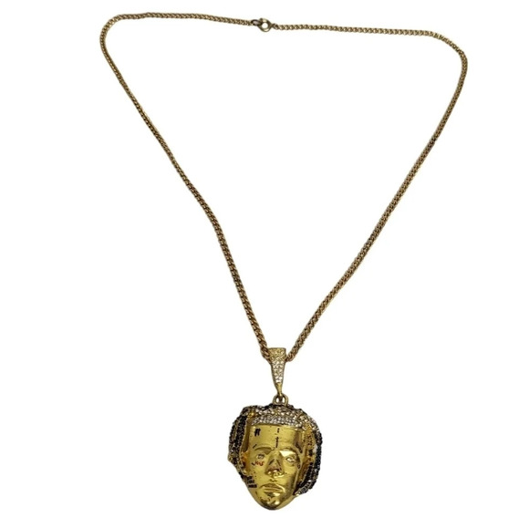Punk Mens American Rapper Singer XXXTentacion Head Pendant Chain Necklace Gold - Picture 4 of 4